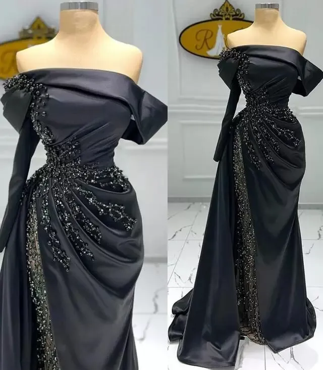 Klasyczne Czarne Formalne Suknie Wieczorowe Off The Ramię Ruched Satin Gorgeous Beading Cekiny Kobiety Plus Size Prom Party Suknie Długie Arabskie Vestidos de Festa AL9805