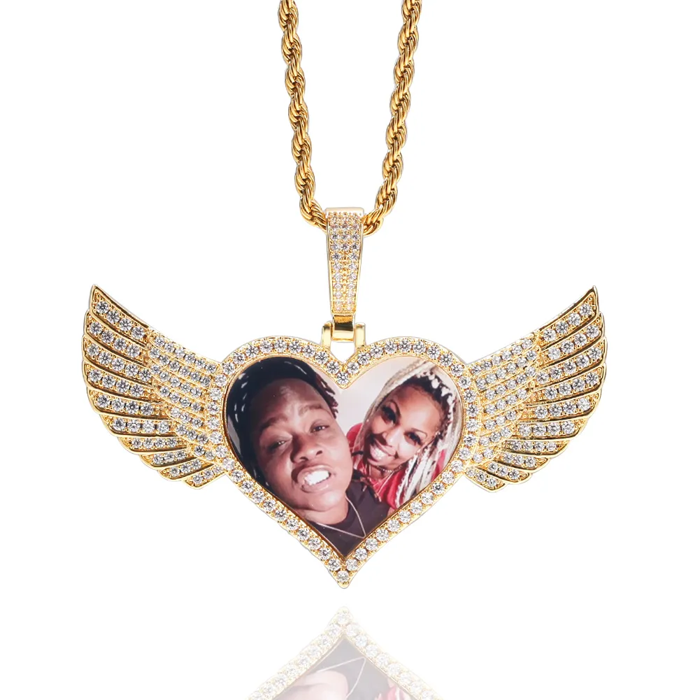 Moda Angel Love Wings Made Photo Wisiorek Naszyjnik Złoty Silver Color Full Loted Out Cyrkon Biżuteria Hip Hop