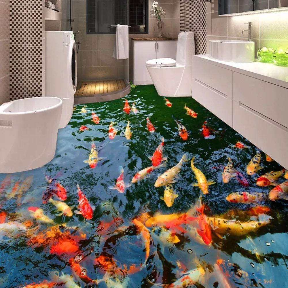 High Quality Custom 3D Floor Wallpaper Pond Carp Toilets Bathroom Bedroom PVC Floor Sticker Painting Mural Wallpaper Waterproof 201009