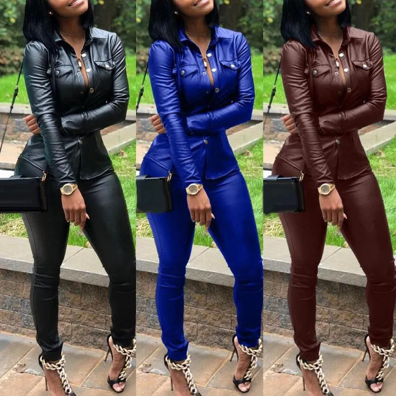 Women's Tracksuits 2Pcs Women Casual Solid Color Faux Leather Turn Down Collar Shirt Pants Two-piece Set V-Neck Elastic Waist Pant