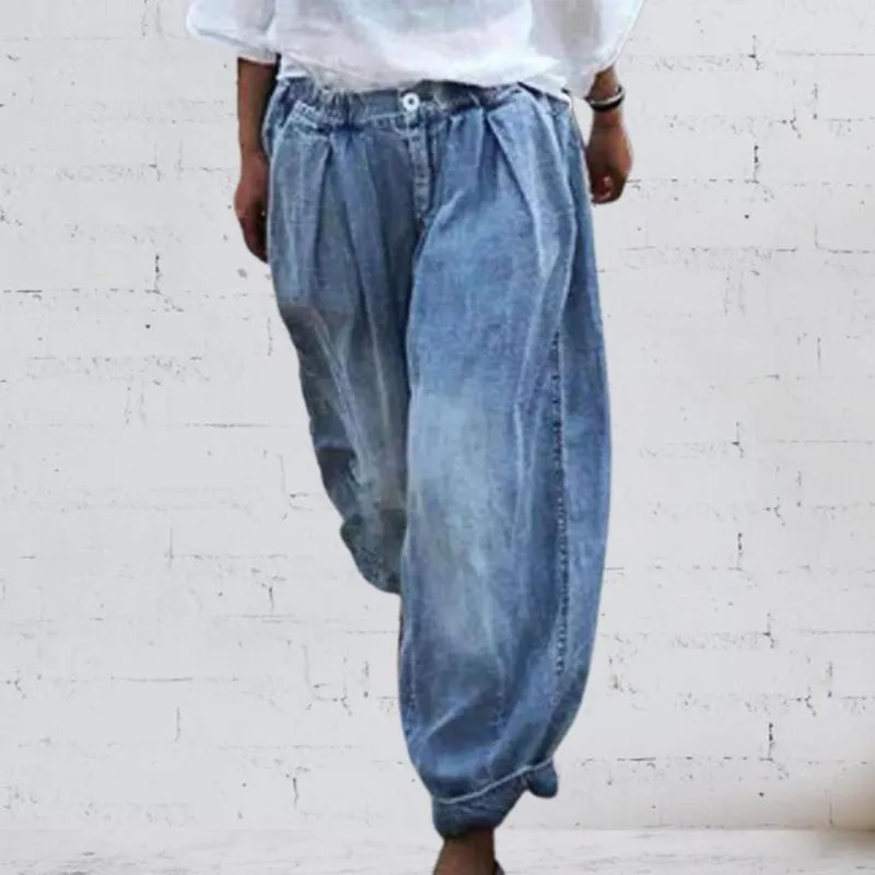 Kadın Kot Kadınlar Elastik Bel Harem Gevşek Denim Pantolon Chic Katı Renk Düğme İmitasyon Kovboy İlkbahar Yaz Streetwear Pantolon