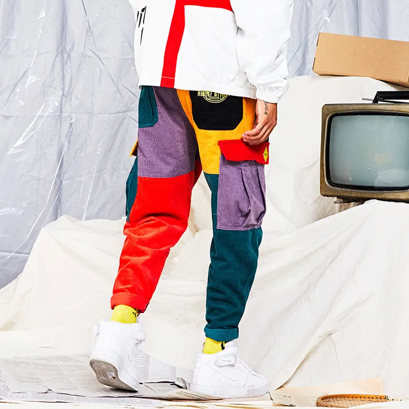 Aelfric Eden Corduroy Sweatpants Cargo Pants Men Harem Jogger Vintage Color Block Patchwork Corduroy Hip Hop Harajuku Trousers 201114