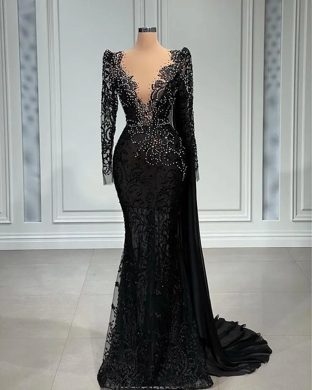 black lace mermaid prom dress black gown with Beaded Crystals - Color:Dusty Pink Prom Dresses elope summer wedding dress Western Party Attire Party