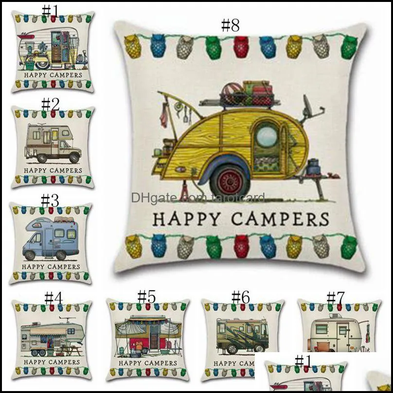 Happy Campers Pillow Case Linen Square Throw Pillows Cover Sofa Cushion Covers With Zipper Closure Home Decoration 20 Designs