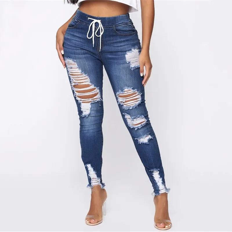 Sexy Skinny Kobiety Zgrane Dżinsy Hollow Out Z Otwór Kieszonkowy Streetwear Elastyczna Talia Elastyczna Jeana Spodnie Dama Dżinsowe Dżinsowe Spodnie