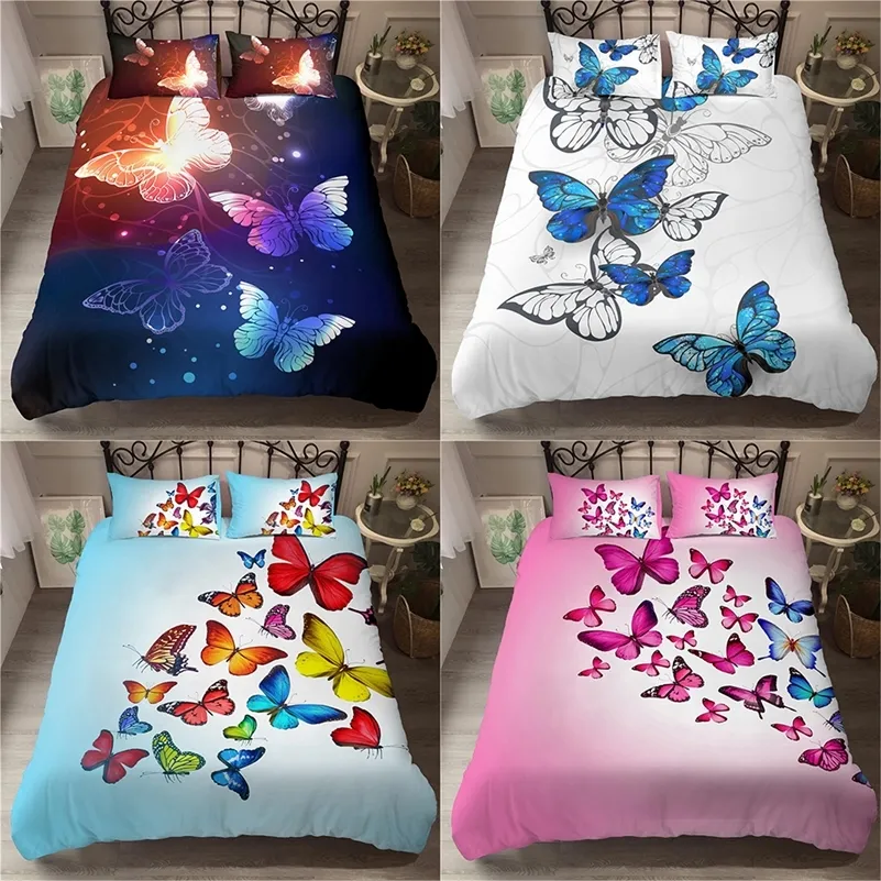 Homesky świecące motyle Zestawy pościelowe 3D Luksusowy Kolorowy Kołdry Pokrywa Zestaw Pościel Latający Motyl Pościel Bedclothes LJ201127