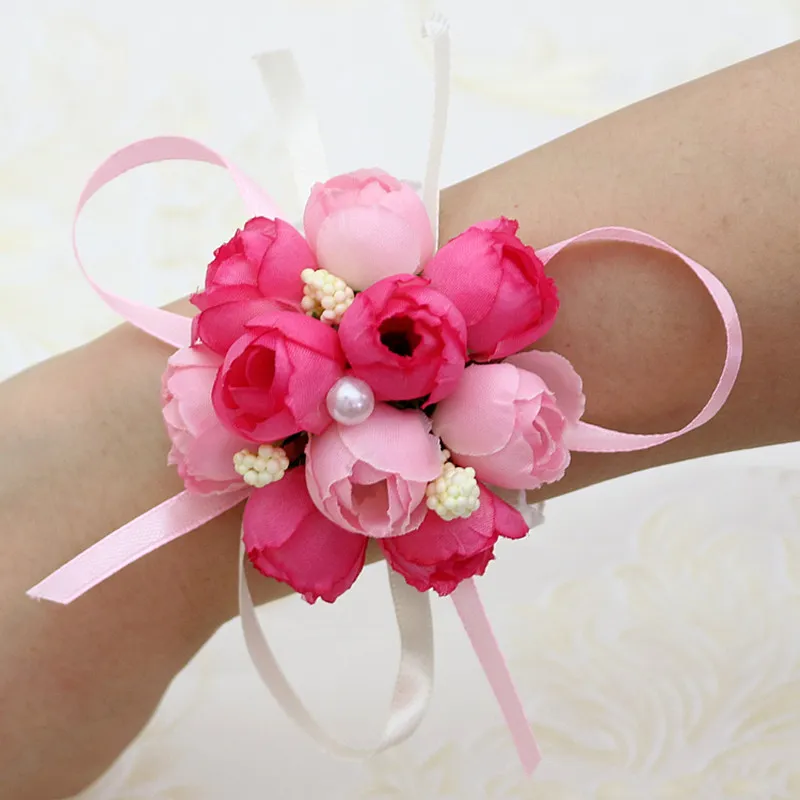 Wedding Bride Wrist Flower Adjustable Ribbon Rose Bridesmaid Floral Hand Wrist Bracelets Corsage Party Ceremony 100pcs