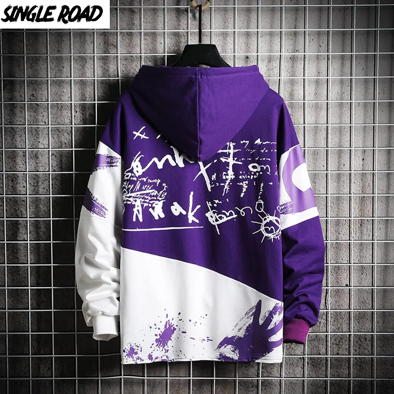 SinglerOad dos homens Hoodies Homens Oversized Patchwork Graffiti Harajuku Japonês Streetwear Hip Hop Roxo Sueter Hoodie Men 201007