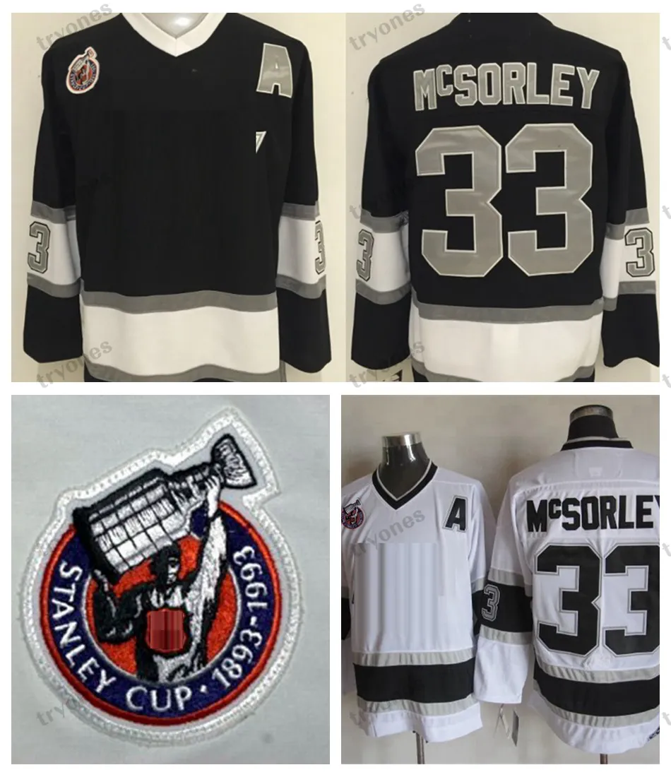 1993 Stanley Cup 100 Marty McSorley Hockey Jersey Vintage Classic Mens 33 스티치 저지 블랙 화이트 셔츠 패치