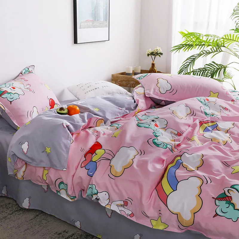 Cartoon Unicorn Children Bed Linen Set Soft Comfortable Soft Bedclothes Bed Cover Pillowcase Sheet Girls Bedding Set for Adults LJ325N