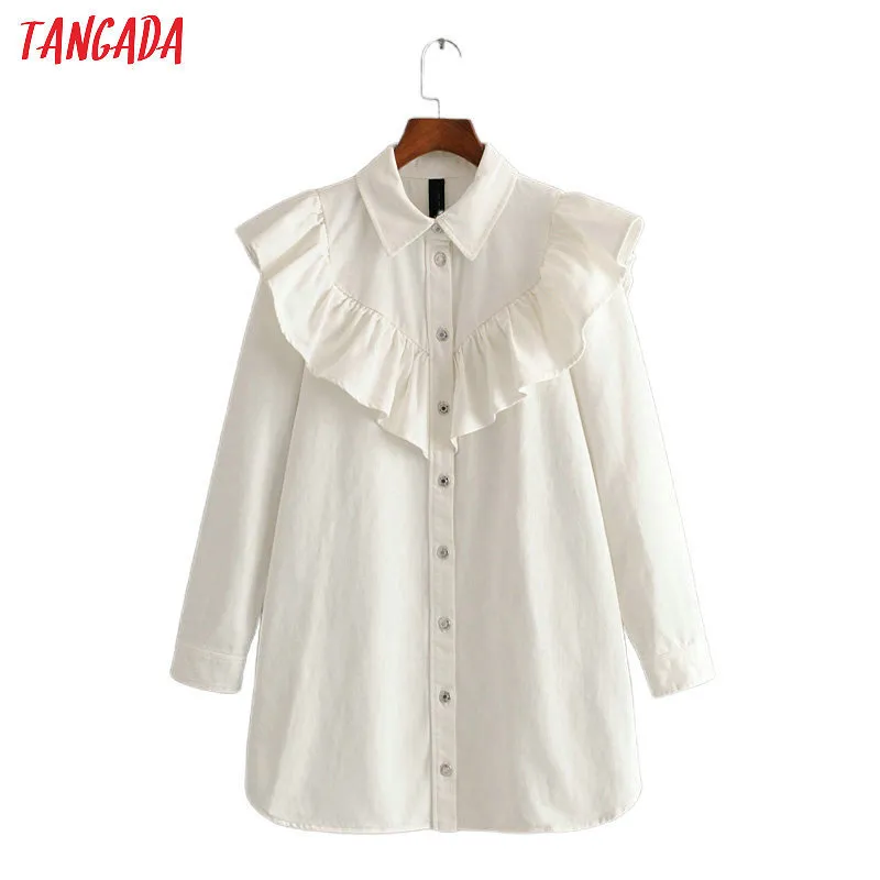 Tangadaの女性エレガントな白いデニムドレスフリル春のファッション長袖レディーシャツドレスvestidos lj200810
