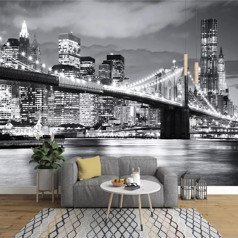 Personalizado 3D Photo Wallpaper Modern City Europeia ea América Night View Manhattan Bridge Sala Mural Sofá Background