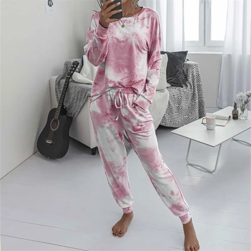 Женские пижамы Tie Dye Lounge Wear Домашняя одежда Женский пижамный комплект Tie Dye Sleep Set Lounge Set С длинными рукавами Женская одежда для сна 201217