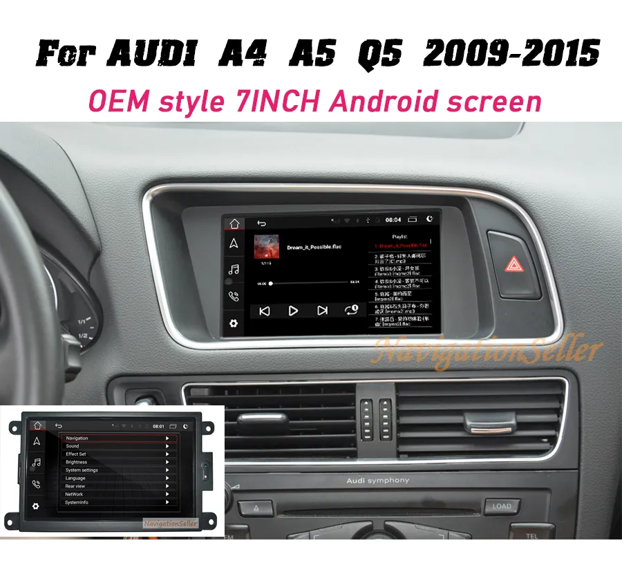 7.0INCH CAR DVD-spelare Radio Audio GPS-navigering stereo för AUDI A4 A5 Q5 2009-2015 Symphony Concert System med MirLolink Bluetooth USB-support 4G WiFi