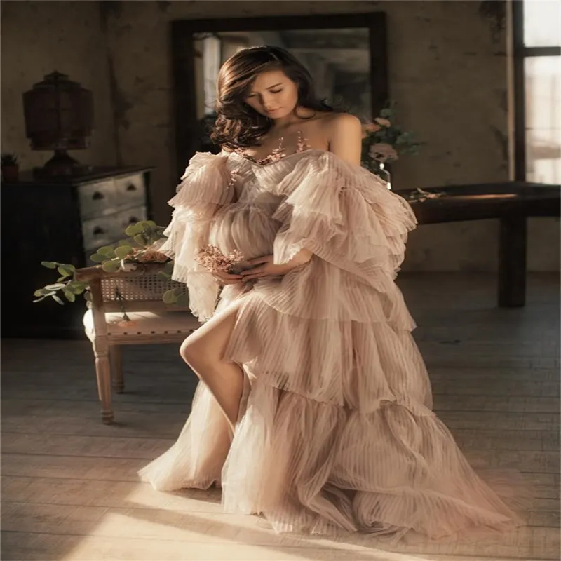 Custom Made Tiered Tulle Nightgown With Ruffles Soft Long Sleeves