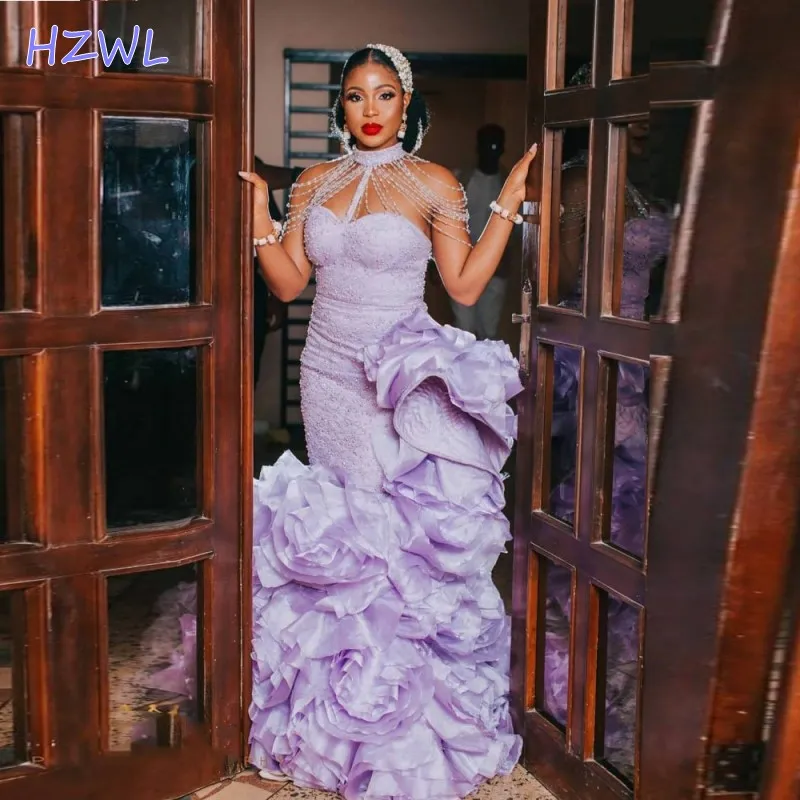 Amazing Lavender Mermaid Prom Dresses Shoulder Chain Style Aso Ebi Ruffles Plus Size Evening Formal Party Dress Gowns African