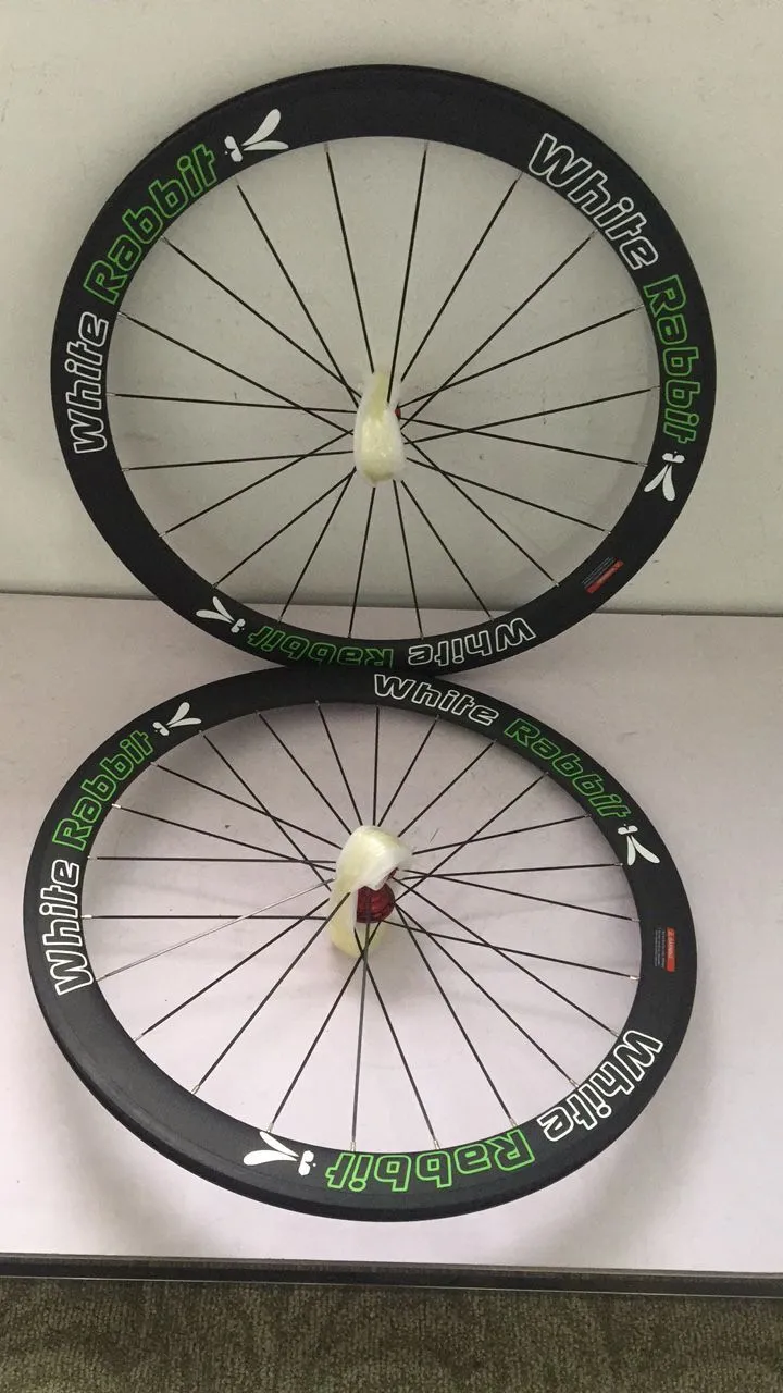 Newest style bike carbon wheels white green rabbit bicycle wheel 700x25mm disc brakes U shaped tubular cycling wheels tubuless