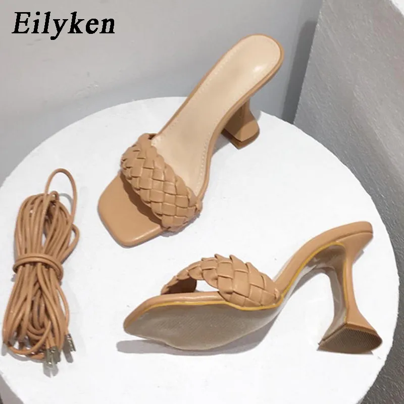 EILYGEN 2021 NIEUWE ontwerp weefsel slippers spike hak vrouwen hoge hakken mode vierkante neus dames schoenen kruisband zomer sandalen x1020