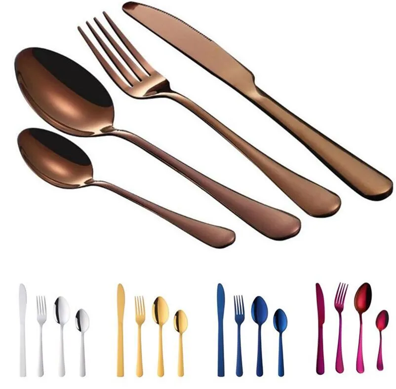 4 pièces/ensemble vaisselle en acier inoxydable couverts élégants ensemble de couverts couteaux à dîner cuillères fourchettes vaisselle 8 couleurs