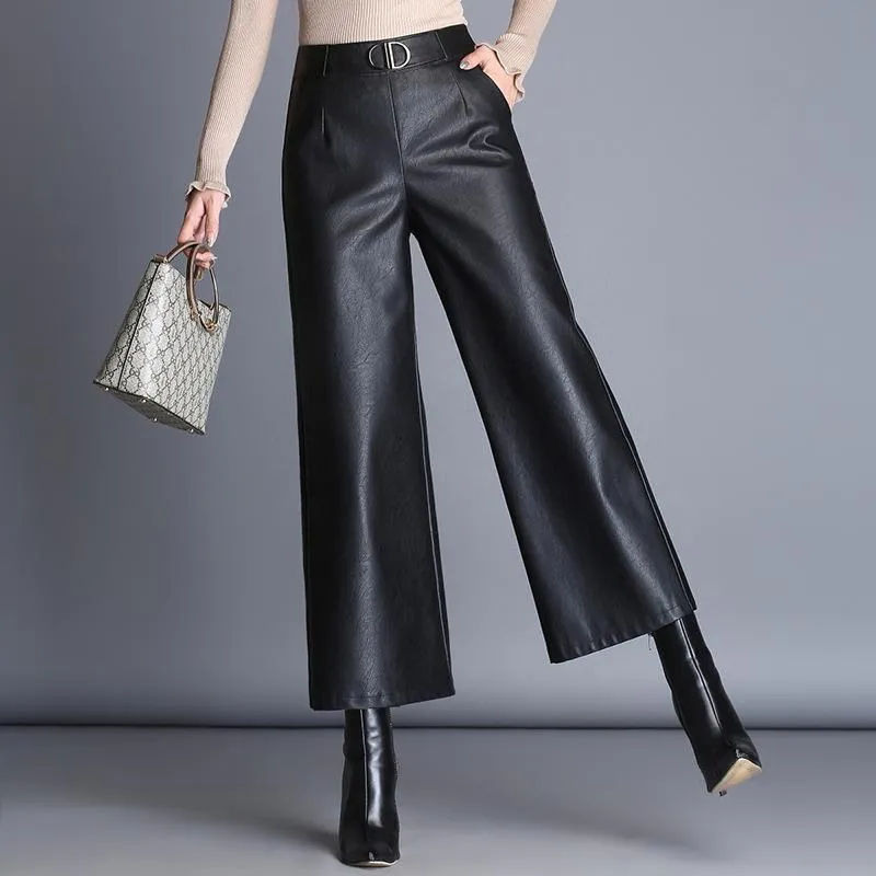 Plus Taille Taille Haute Noir PU Baggy Pantalon Femmes Coréen Bureau Dames Élégant Pantalon Large Jambe Faux Cuir Pantalon Femme 201228