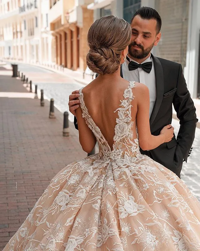 2021 Modest Ball Gown Wedding Dresses V Neck 3D Lace Appliques Ruched Bridal Gowns Plus Size Cathedral Train Royal Luxury Wedding Robes From 377 63 DHgate