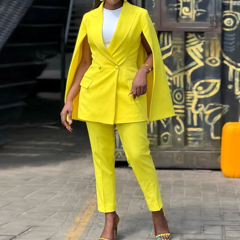 Bright Yellow Women Blazer Suits Personaliseer Bruidsmeisjes Jurk Double Breasted Party Jurken Solid Wrap Jacket Broek