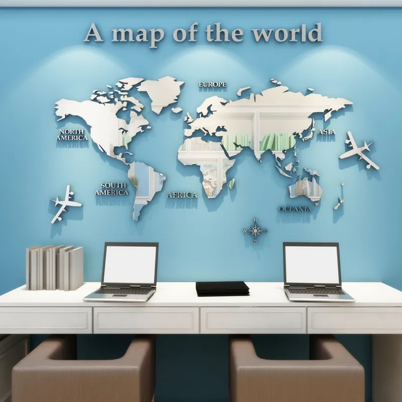 Avrupa Sürümü Dünya Haritası Akrilik 3D Duvar Sticker Oturma Odası Ofis Ev Dekor Için Dünya Haritası Duvar Çıkartmaları Duvar Çocuk Odası 201106