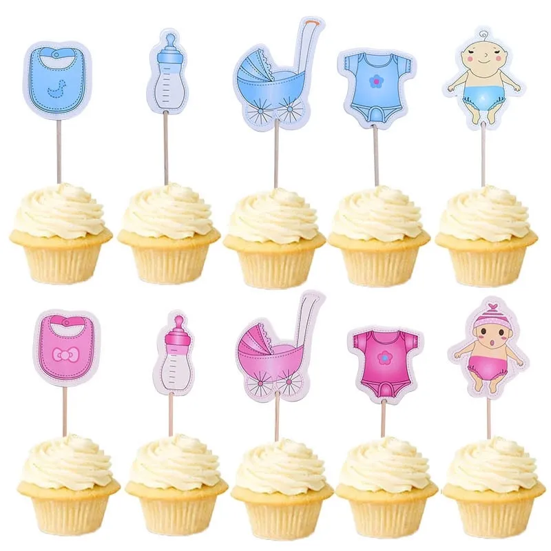 20Pcs/lot Baby Shower Cupcake Toppers BabyShower Boy Girl Christening Kids Birthday Party Favors Cake Decorations Supplies Y200618