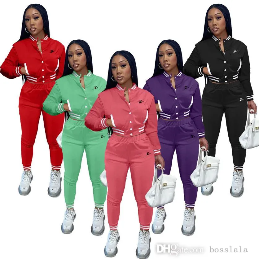 Mulheres Ao Ar Livre Tracksuits Bordado Dois Peça Esporte Outfits Rosa Velor Sweatsuits Zipper Bolso Longo Manga De Manga Comprida + Pant Bext Sets