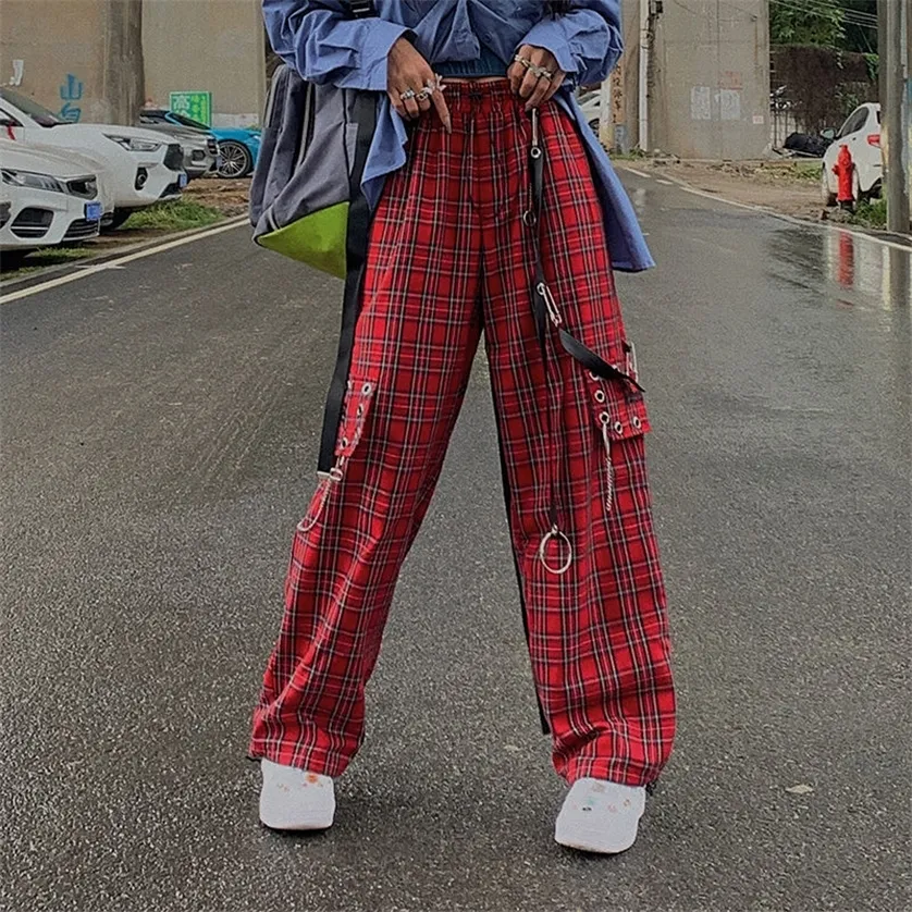 Houzhou punk Cargo Plaid Pant Gothic HARAJUU RED RECKERED WIEKOWE DROUSERY DLA KOBIETOWEJ HIPPIE STREETWARY 220211