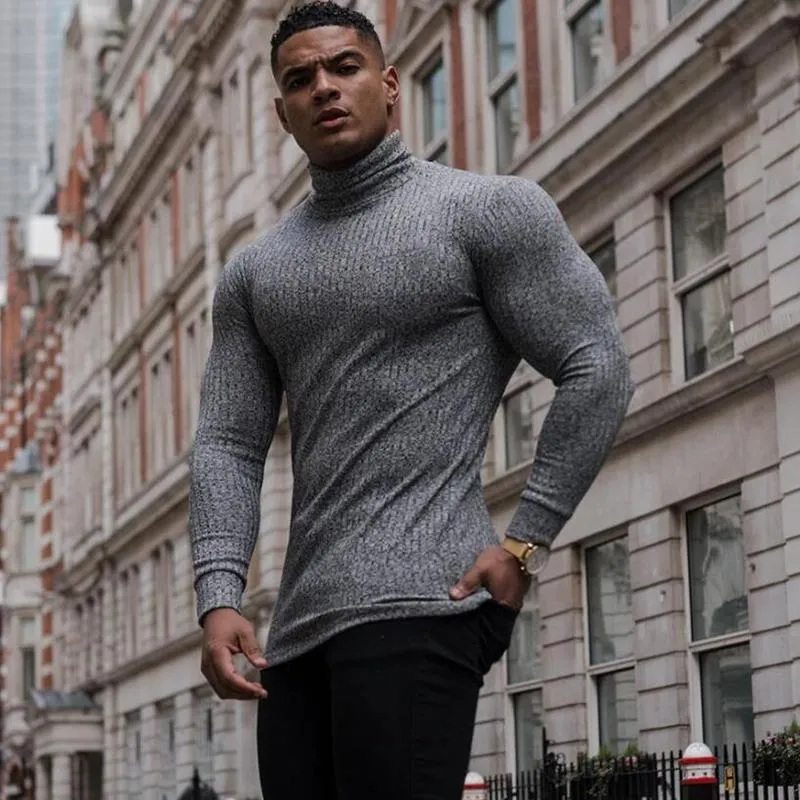 Autumn Winter Turtleneck Thin Mens Sweaters Casual Roll Neck Solid Color Warm Slim Fit Sweaters Pullover Man