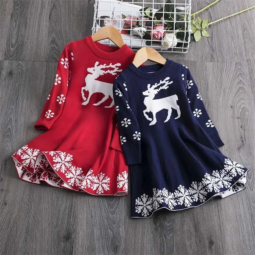 Girls Christmas Sweater Dress Winter Long Sleeve Knitted Warm Deer Snowflake Printed Kids Children Year Party Costume 211231