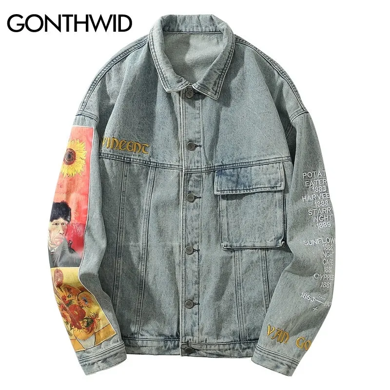 GONTHWID Van Gogh Peinture Patchwork Broderie Denim Vestes Hip Hop Casual Loose Jean Vestes Streetwear Mode Manteaux d'extérieur 201120