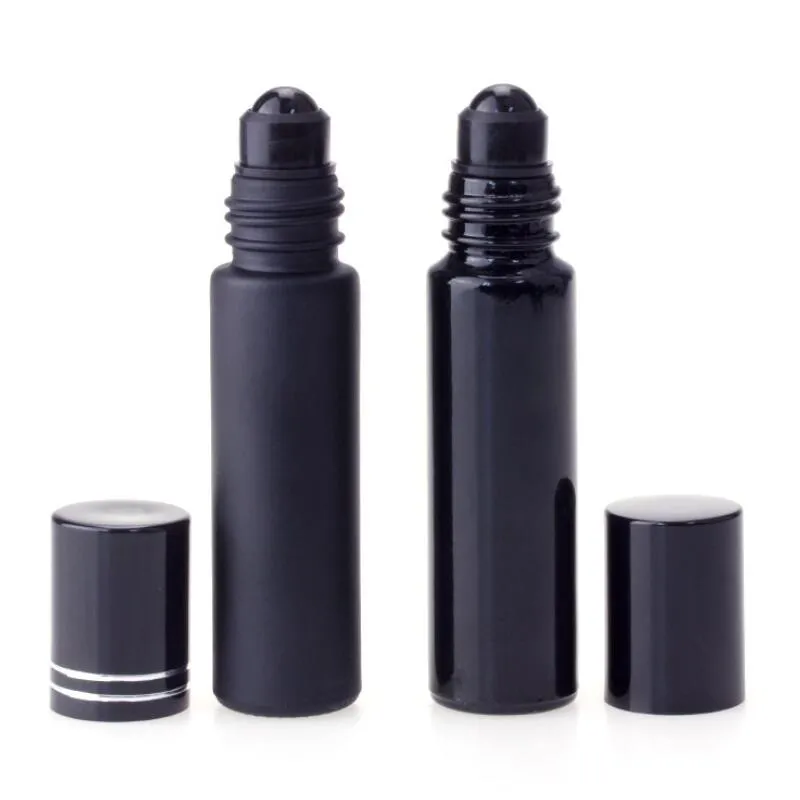 Thick Wall Essential Oil Perfume Bottle 10ml Black Glass Roll On Perfume Bottle With Obsidian Crystal Roller LX3433