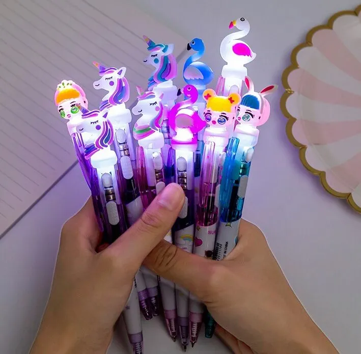 12 couleurs dessin animé licorne stylo lumineux LED lumières tête de silice  stylo à bille brillant stylo à bille étudiant papeterie école écriture