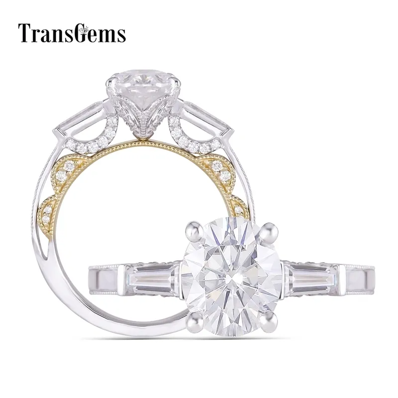 Transgems 14K 화이트와 옐로우 골드 센터 2CT 7 * 9mm F 색 타원형 Moissanite 3 악센트와 여성을위한 돌 약혼 반지 Y200620