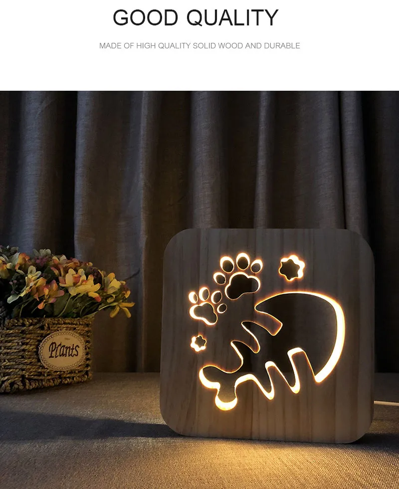 Pesce in legno Forme di osso Design Hollow Design 3D Night Lampada per bambini Camera da letto Lampada da comodino Desk Decorazione da tavolo per bambini Regalo di Natale per bambini