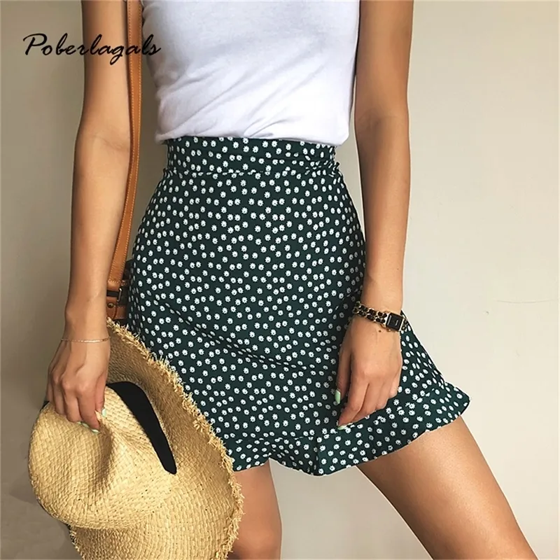 Sommer weiblich Strand Boho sexy Minirock weiblich Damen Casual floral bedruckte Rüschen Saum High-Waist Rock Röcke für Frauen LJ200820