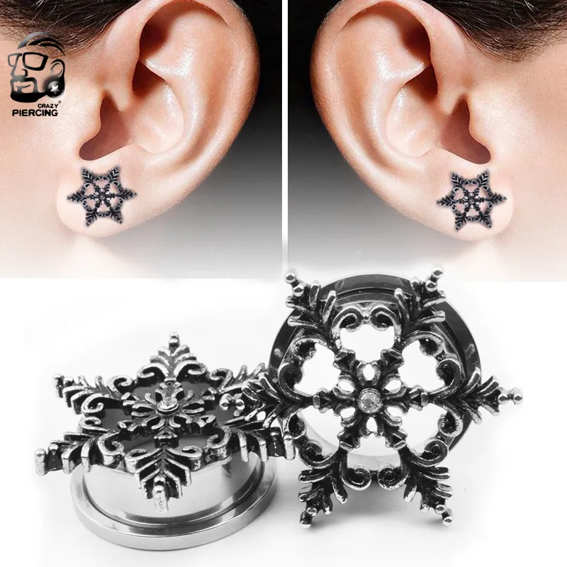 Bouchons d'oreille en acier inoxydable, Tunnel Tribal flocon de neige, jauges d'oreille évasées simples, Piercing, bijoux pour le corps, boucles d'oreilles pour le jour de noël