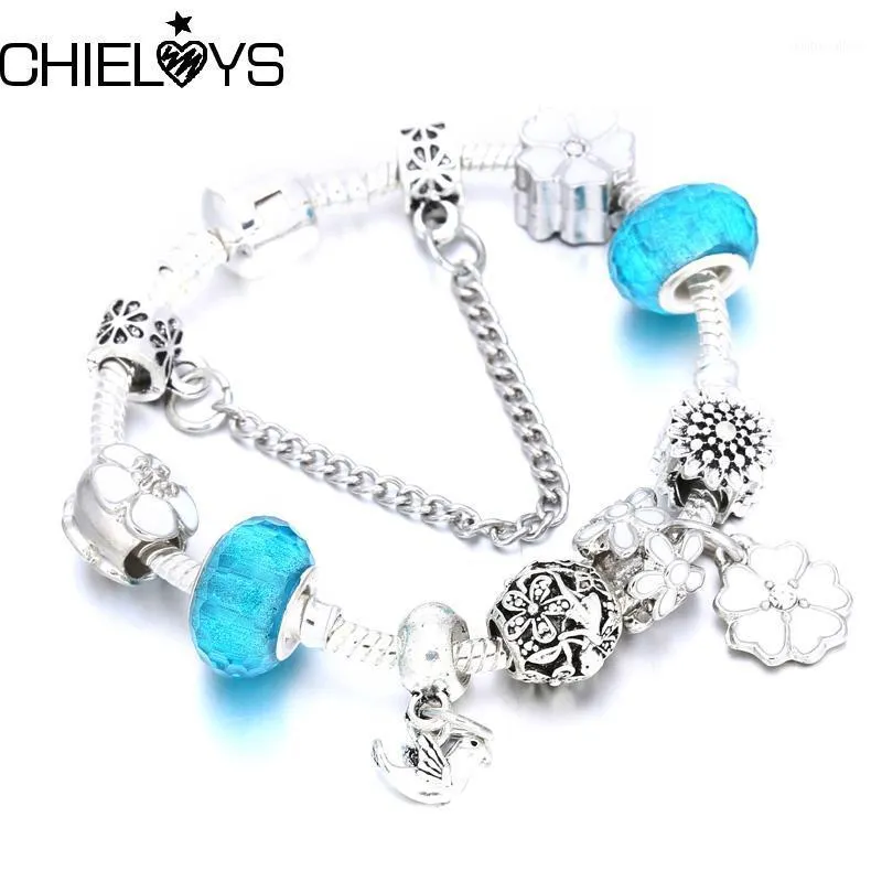 Charm Bracelets CHIELOYS Original Bracelet For Women DIY Murano Glass Bead Fine Silver Color Dazzling Daisy Pendant Kids Gift1