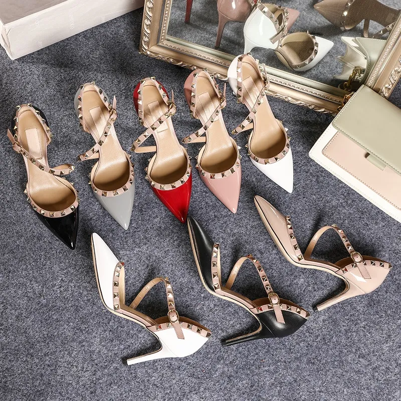 Bezaaid Hakken Klassieker Sandalen Jurk Schoenen Vintage Spitse Neus Hoge Hak Sandalen 2023 Nieuwe Vrouwen Sexy Hot Pumps Feest Bruiloft Lage Naakte Hakken Dames Met Doos