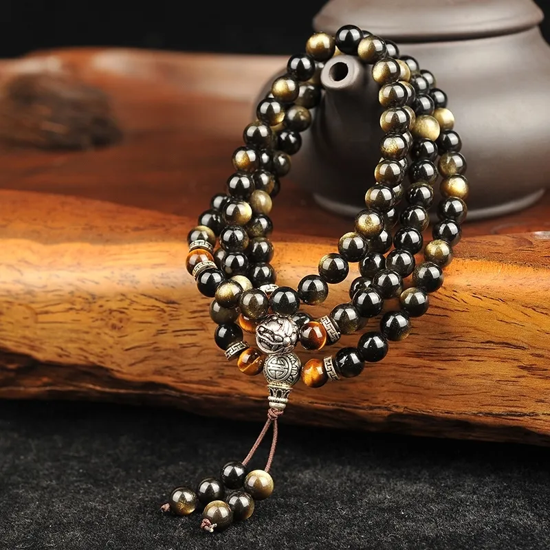 Natuurlijke gouden zwarte obsidiaan bead Tibetan zilveren pixiu armband gele tijger steenarmbanden mannen sieraden y200730