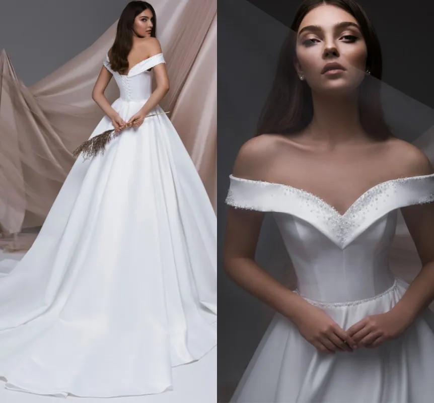2021 Великолепные атласные свадебные платья с плеча без рукавов с бисером