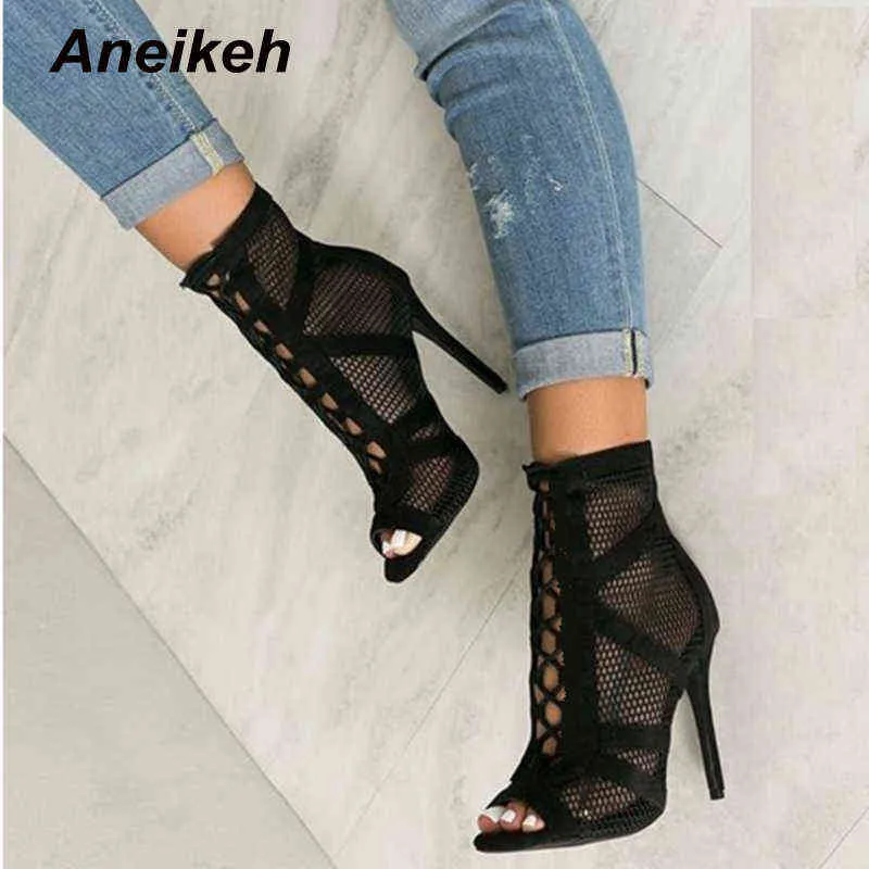 Aneikeh 2022 الأزياء الصنادل الأساسية الأحذية النساء عالية الكعب مضخات مثير الجوف خارج شبكة الدانتيل متابعة عبر ربط الأحذية حزب أحذية حزب Y1209