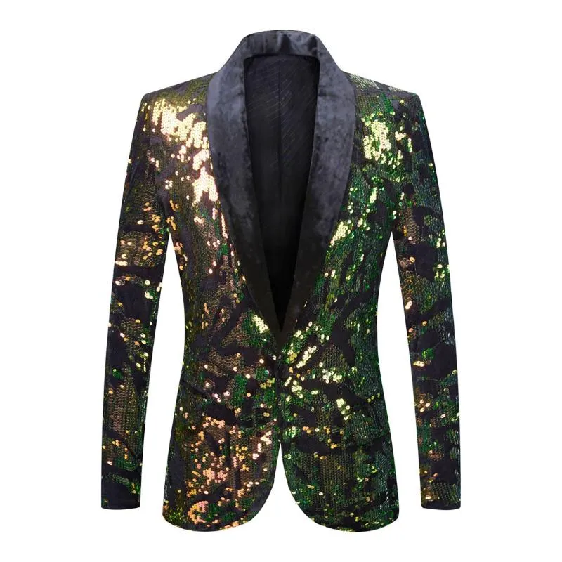 Men's Suits & Blazers Velvet Collar Sequins Suit Jacket Slim Golden Green Blazer Formal Clothes Host Bar DJ Nightclub Performance Cos