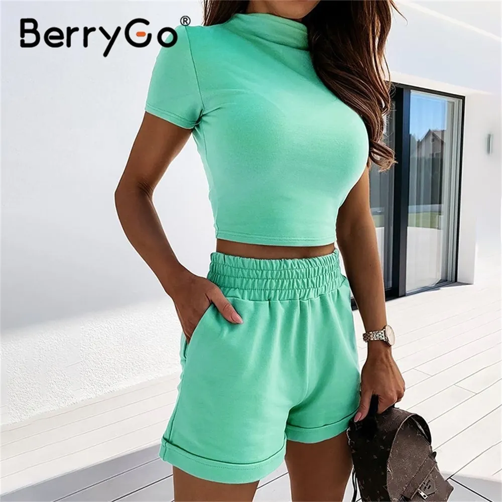 BerryGo Sexy Turtleneck Two-Peça Mulheres Calções Conjunto Casual Manga Curta Feminina Tracksuit Apertado Fêmea Fêmea Summer Sport Suit LJ200815