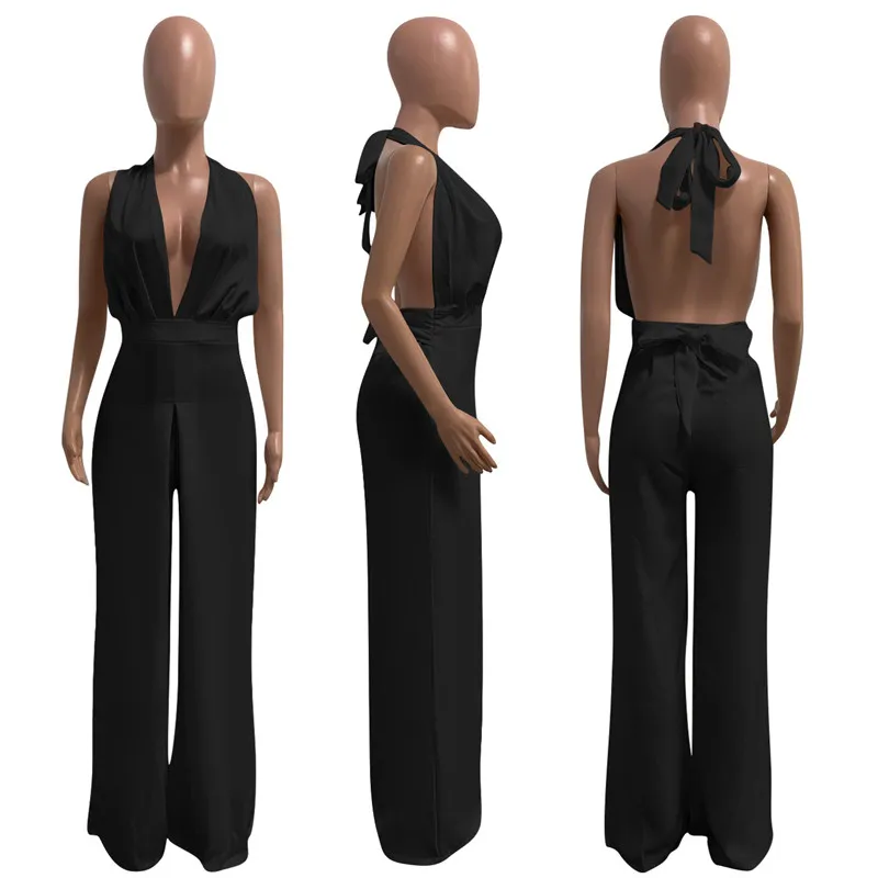 Ny sommaren backless jumpsuits kvinnor sexiga breda benbyxor ärmlösa solida rompers v hals overaller nattklubb bär bulk 6965