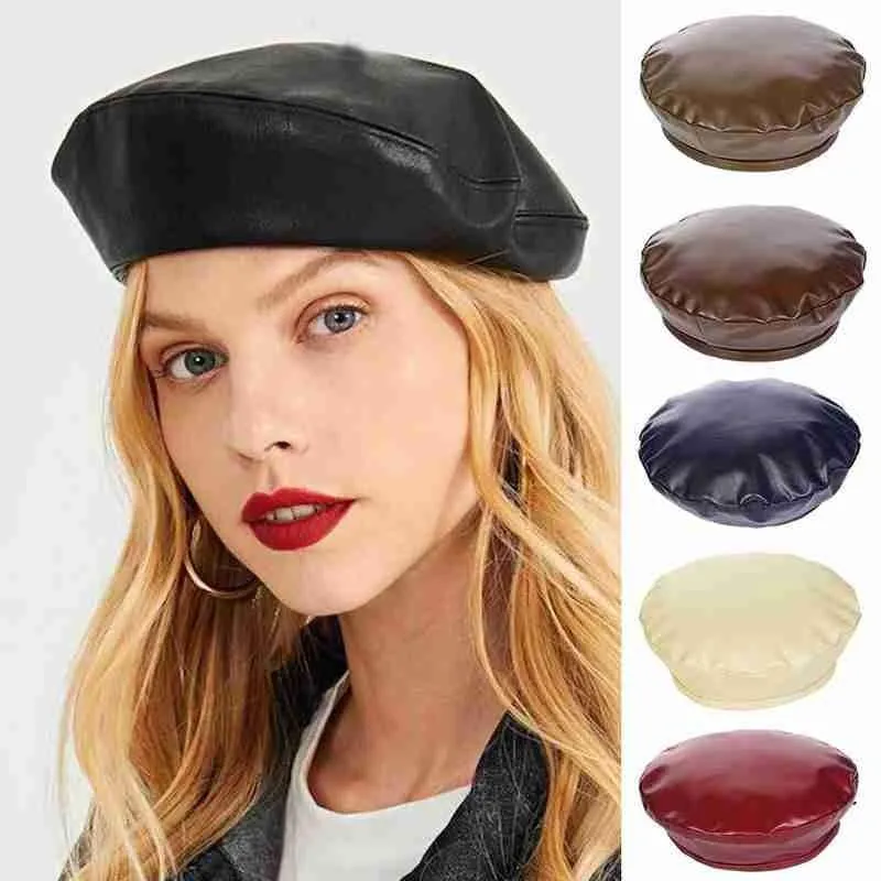 Berets Moda damska kapelusz PU skóra francuski styl artysta beret czapka dla kobiet dziewczyny miękkie