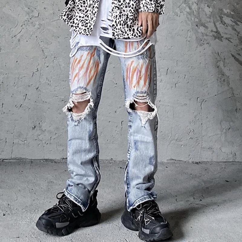 Herenjeans Enkel Ritsgat Graffiti Gewassen Voor Mannen Franje Kwastje High Street Retro Gesplitste Denim Broek Hip Hop Losse Ca190O