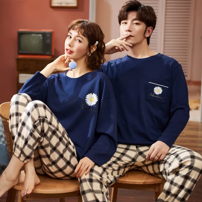 Pareja Loungewear Pijama Otoño Invierno Nueva Moda Parejas Pijamas Hombres  y Mujeres A juego 100% Algodón Ropa de dormir Pijama Conjunto Pareja 201125